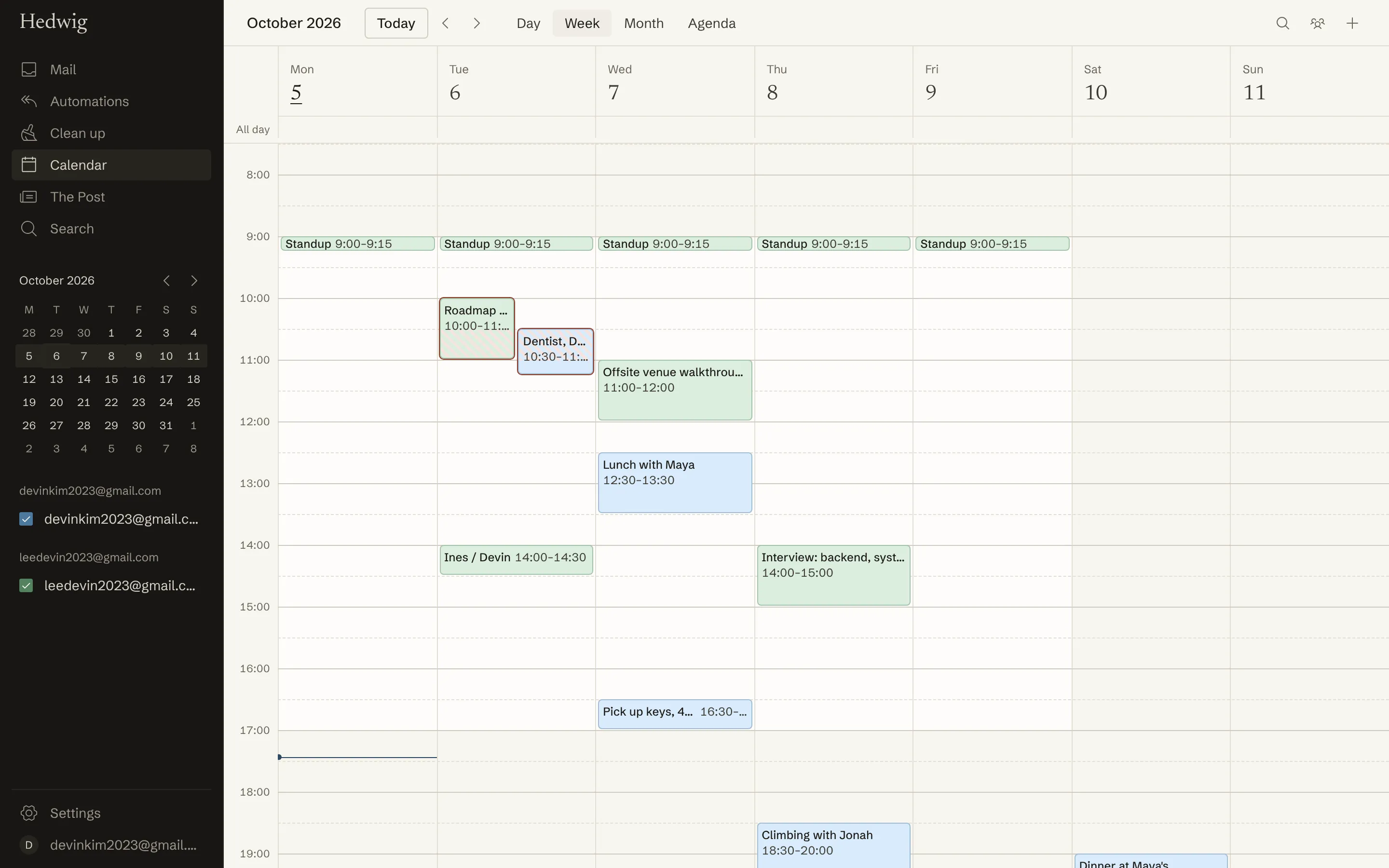 A week in Hedwig's calendar across two accounts
