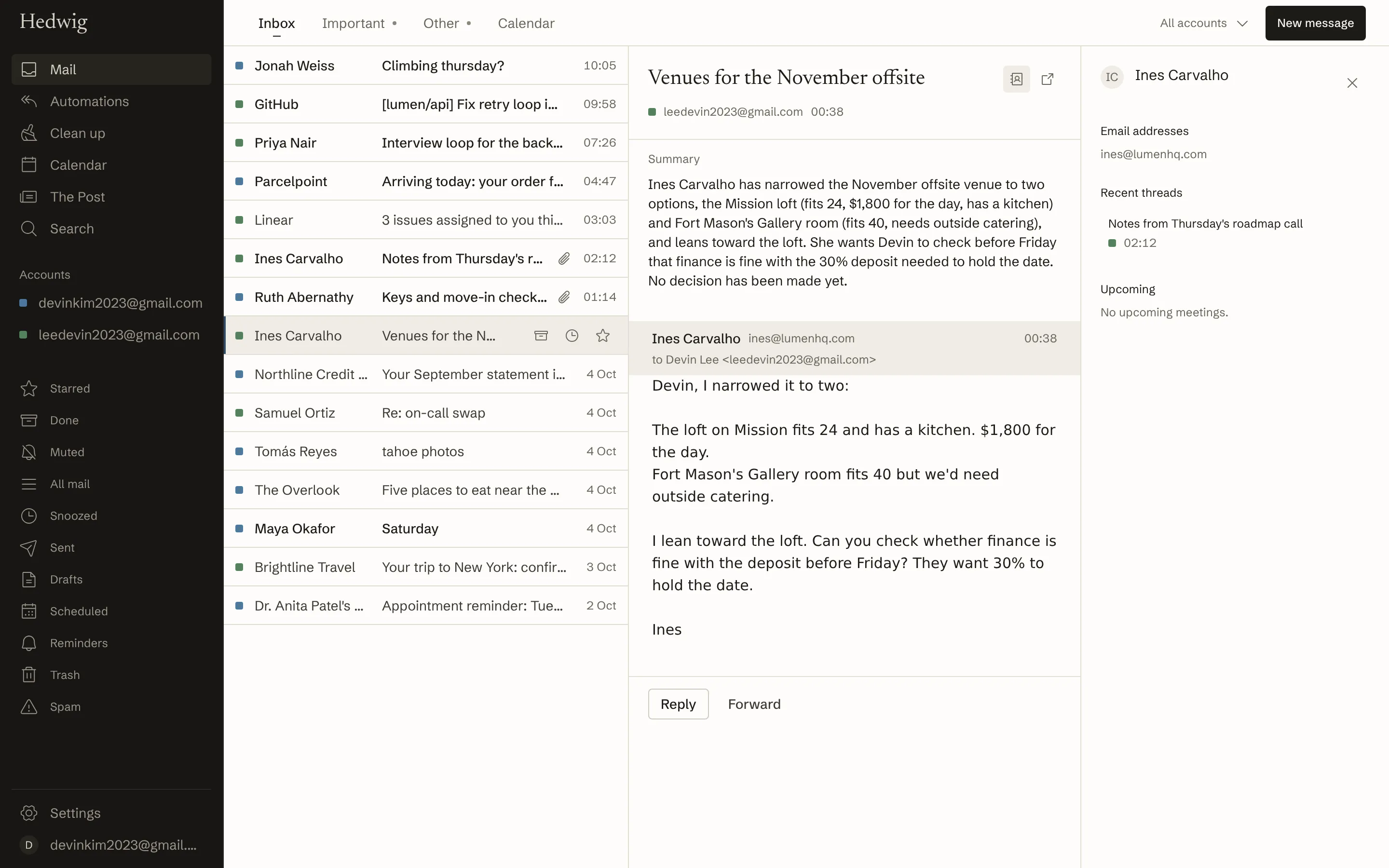 Hedwig showing a unified inbox from two Google accounts beside the week's calendar.